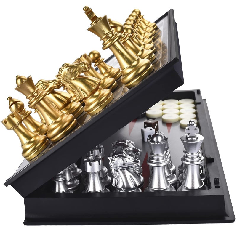 QuadPro 3 in 1 Magnetic Chess Checkers Backgammon Board Game Set with 12.5 Inch Folding Board Travel Games for Kids and Adults (Chess: Gold & Silver) - Image 1